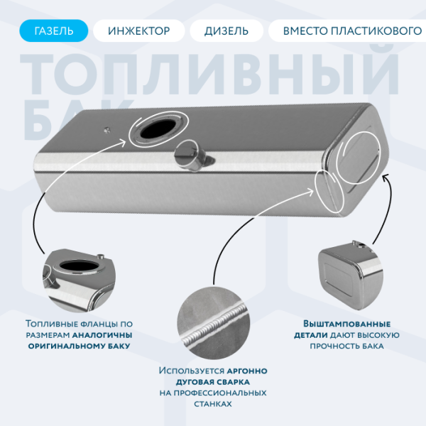 Алюминиевый топливный бак 100 литров Газель (вместо пластика) инжектор / дизель